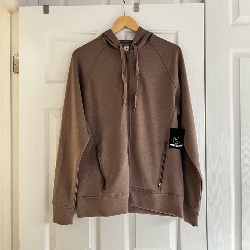 NWT 90 degree by reflex Brown taupe Hoodie with Zipper Pockets mens M